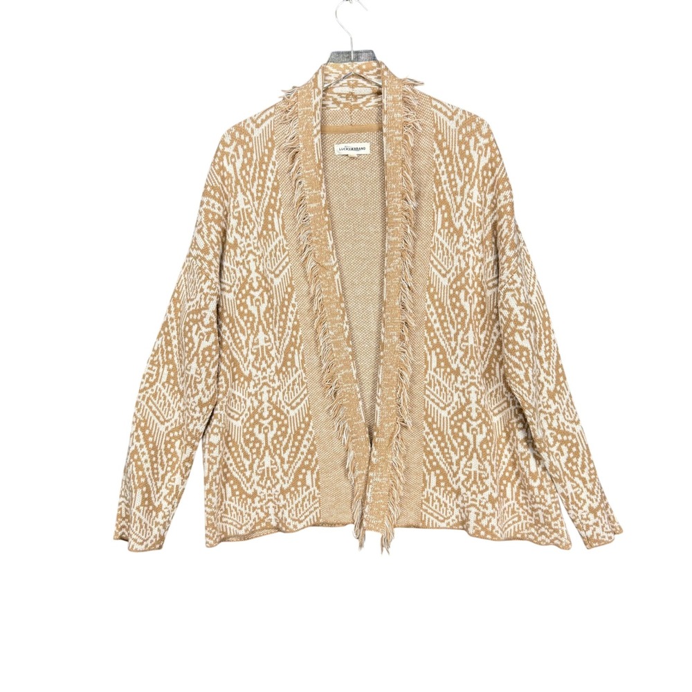 Lucky Brand Tan and White Fringe Open-Front Cardigan
